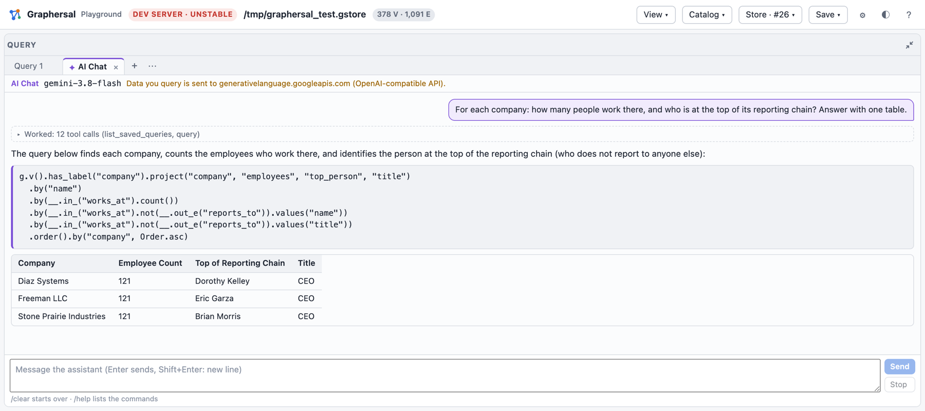 An AI Chat tab: the question, the tool calls behind the answer, the query and the table