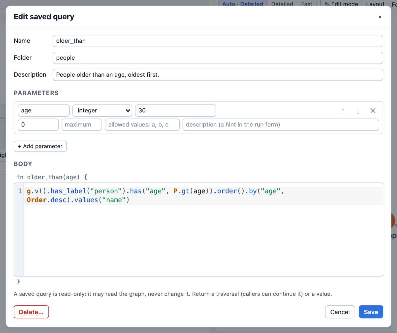 The saved query editor: parameters with type, default and minimum, and the body