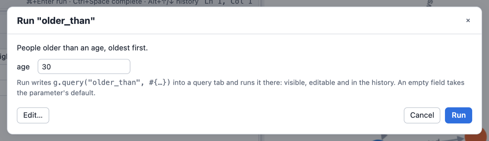 The run form of a saved query with one integer parameter