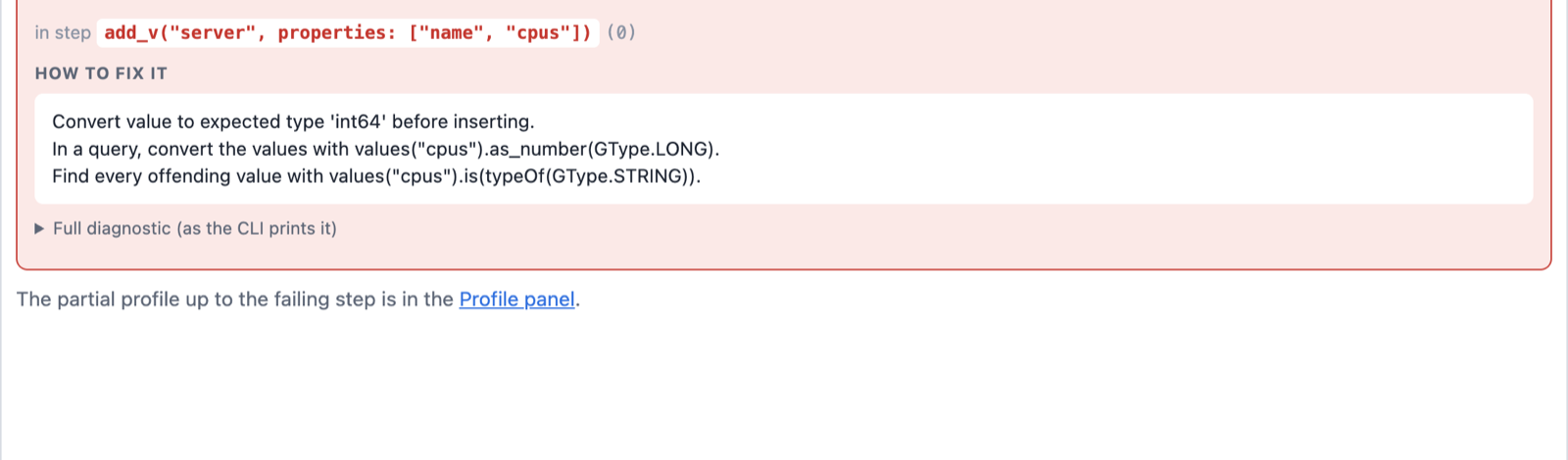 A schema violation in the Results panel with its help text